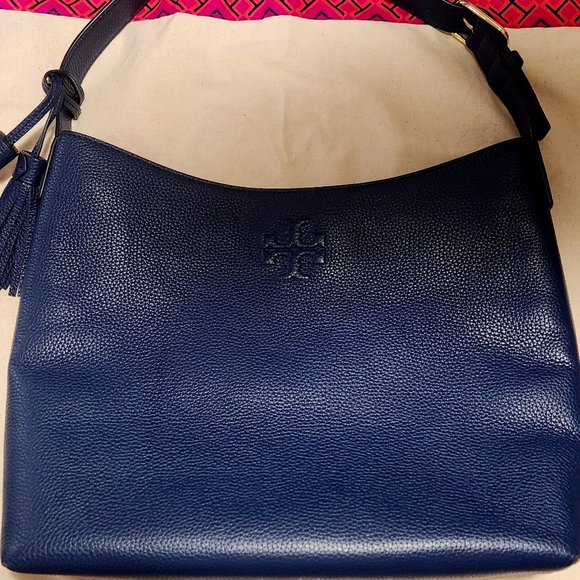 Tory Burch Thea Hobo Bag Navy Blue Pebbled Leather - Picture 1 of 4